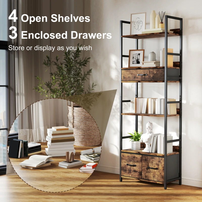 HOMCOM Industrial Style Bookcase, with 4 Shelves and 3 Fabric Drawers - Brown/Black