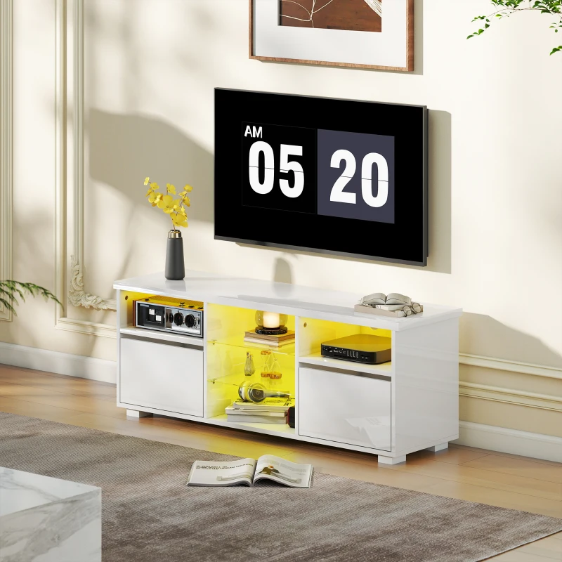 HOMCOM Meuble TV 120 cm, meuble télé pour téléviseur jusqu'à 55 pouces éclairage LED et télécommande étagères en verre blanc