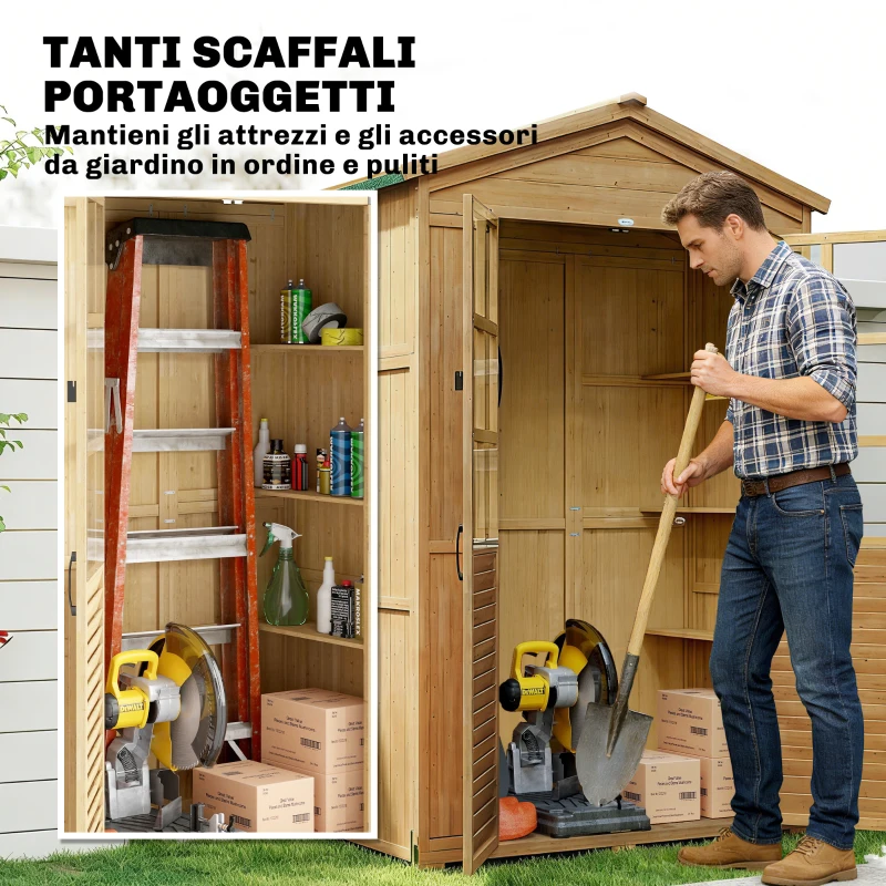 Outsunny Armadio da Giardino in Legno con Finestre Trasparenti, 128x57.5x197 cm, Marrone Chiaro