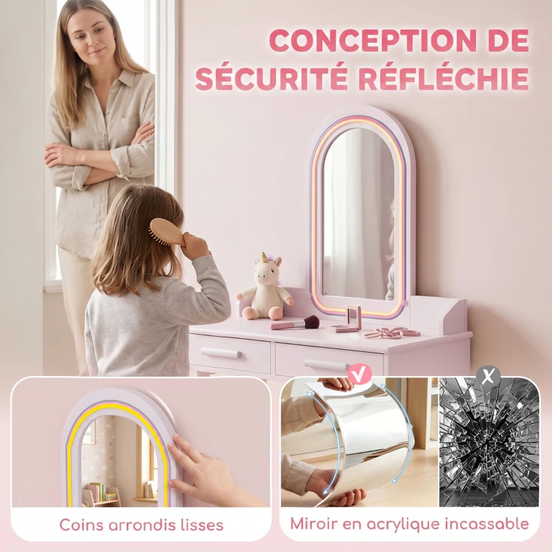 AIYAPLAY Coiffeuse Enfant en Bois avec Miroir LED 3 Couleurs, Tabouret, Tiroir et Plateau Spacieux, 60x36x100cm, 3 à 8 Ans, Rose