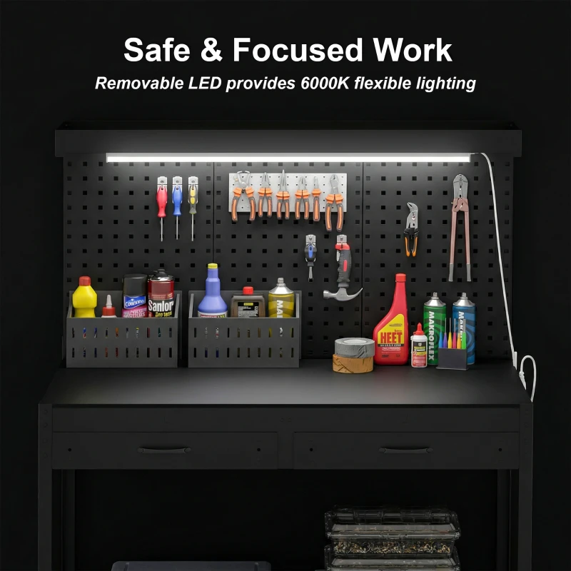 HOMCOM 110 cm Workbench with Pegboard, Heavy Duty Work Table with Power Strip and LED Light, Black