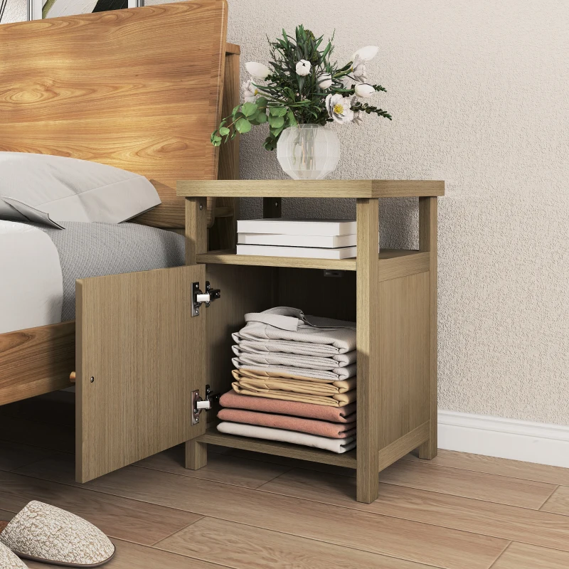 HOMCOM Mesita de Noche con Puerta de Ratán Mesilla de Noche con Estante Abierto y Compartimento 40x35x55 cm Madera Natural