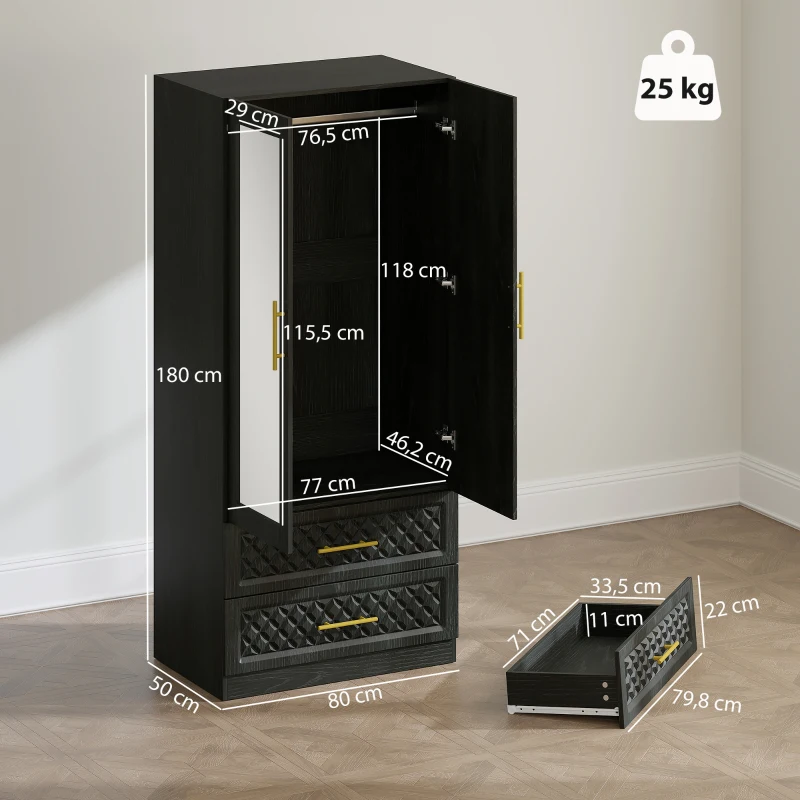 HOMCOM Armario Ropero con Espejo 2 Puertas y 2 Cajones Relieve de Diamante Barra para Colgar 80x50x180 cm Negro