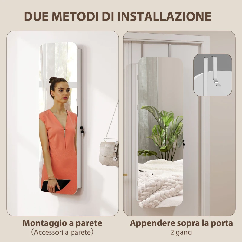 HOMCOM Specchiera Portagioie da Parete e Porta con Specchio Interno Illuminato e Serratura, 37x10x120 cm