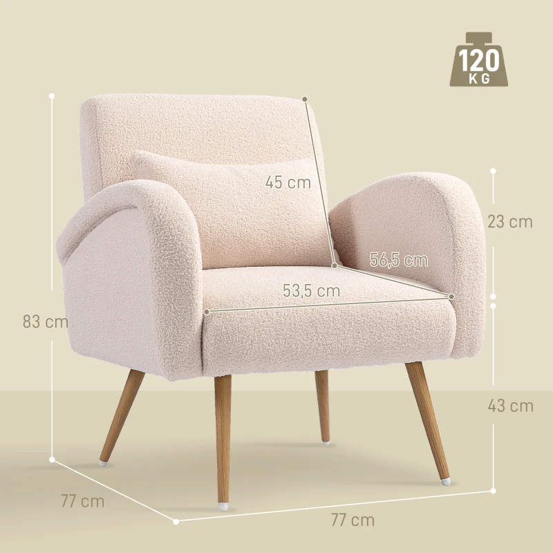 HOMCOM Fauteuil de salon en tissu Teddy, chaise rembourrée, assise large, coussin lombaire, pieds en métal effet bois, beige
