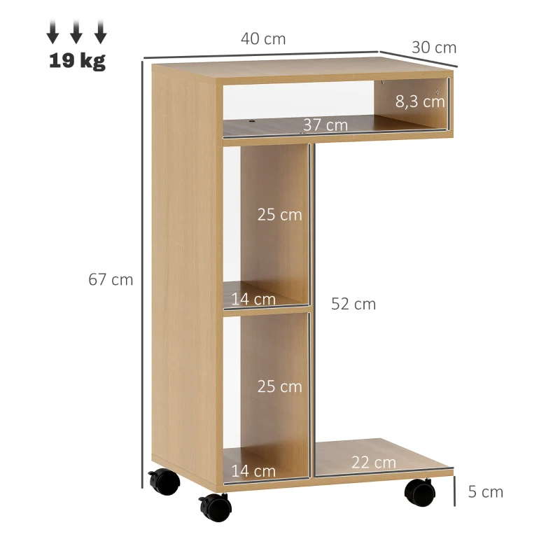 HOMCOM Mesa Auxiliar para Sofá Mesa Auxiliar en Forma de C con Ruedas Compartimentos Abiertos 40x30x69 cm Roble
