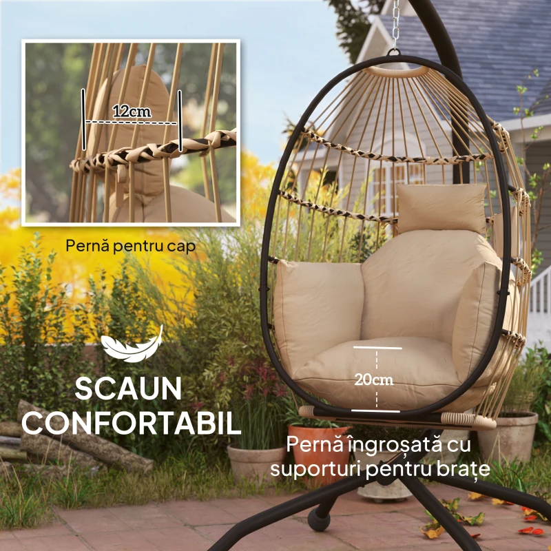 Outsunny Fotoliu Suspendat Tip Ou cu Lanț Reglabil, 2 Perne Detașabile și Suport pentru Pahar, Scaun Balansoar de Grădină Pliabil, Bază în X din Oțel, pentru Interior și Exterior, 120x88x192 cm, Bej