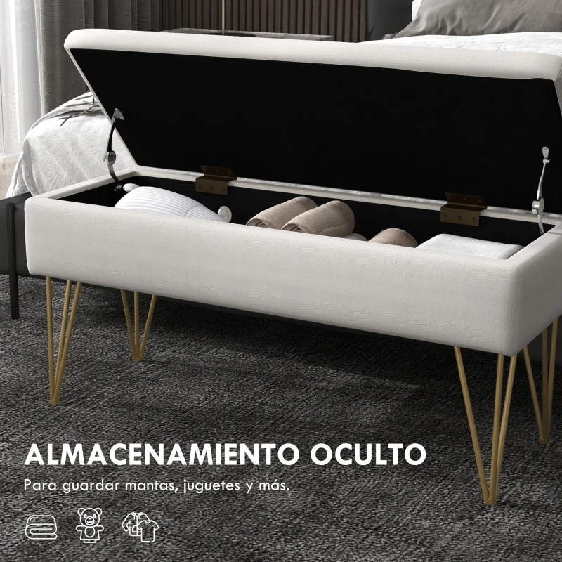 HOMCOM Banco Pie de Cama Tapizado en Lino Sintético con Patas de Acero y Asiento Acolchado Crema
