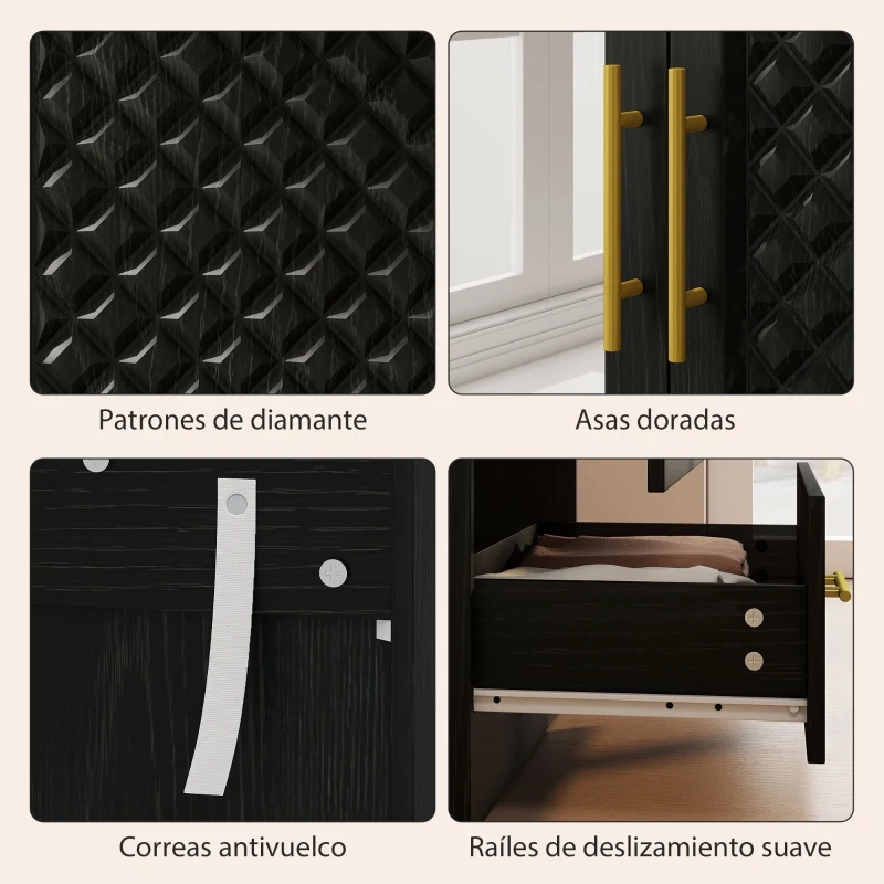 HOMCOM Armario Ropero con Espejo 2 Puertas y 2 Cajones Relieve de Diamante Barra para Colgar 80x50x180 cm Negro