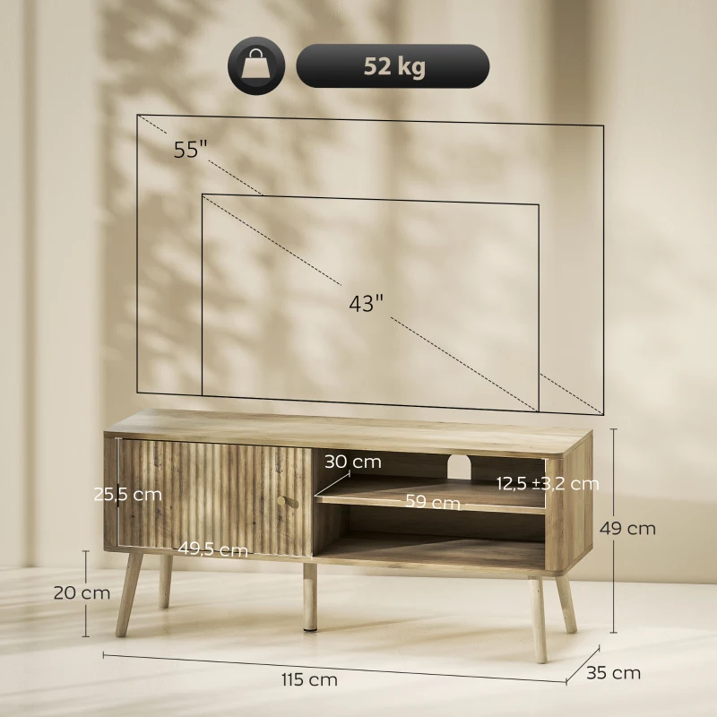 HOMCOM Mesa de TV con Puerta Estante Ajustable Compartimentos Abiertos y Orificio para Televisión hasta 55 Pulgadas Roble