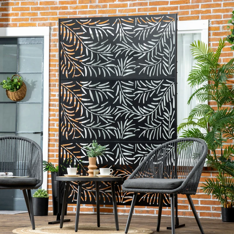 Outsunny Paravento da Esterno in Acciaio con Motivi a Salice e 2 Piedini, 122x45x198 cm, Nero
