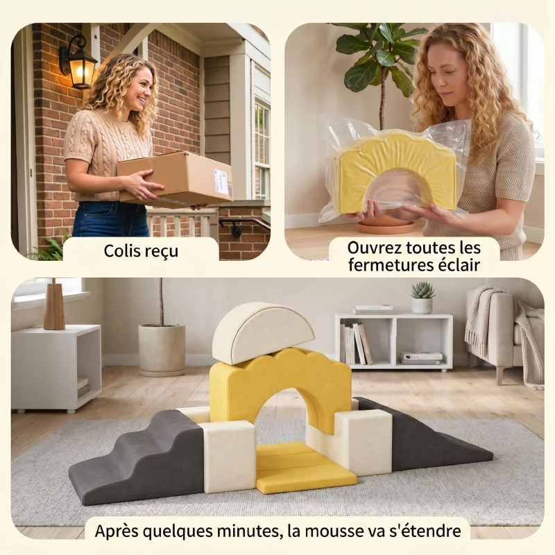 AIYAPLAY Parcours motricité bébé blocs mousse éducatifs modulables 7 pièces housse lavable en velours base antidérapante jaune