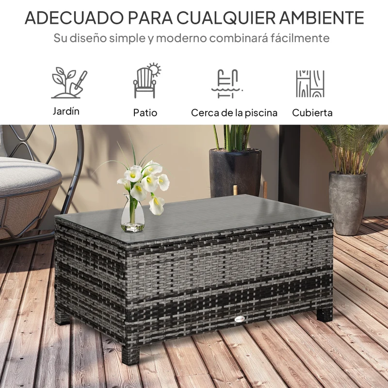 Outsunny Mesa Exterior Terraza de Ratán Sintético Mesa Auxiliar con Vidrio Templado para Terraza Patio Balcón 85x50x39 cm Gris