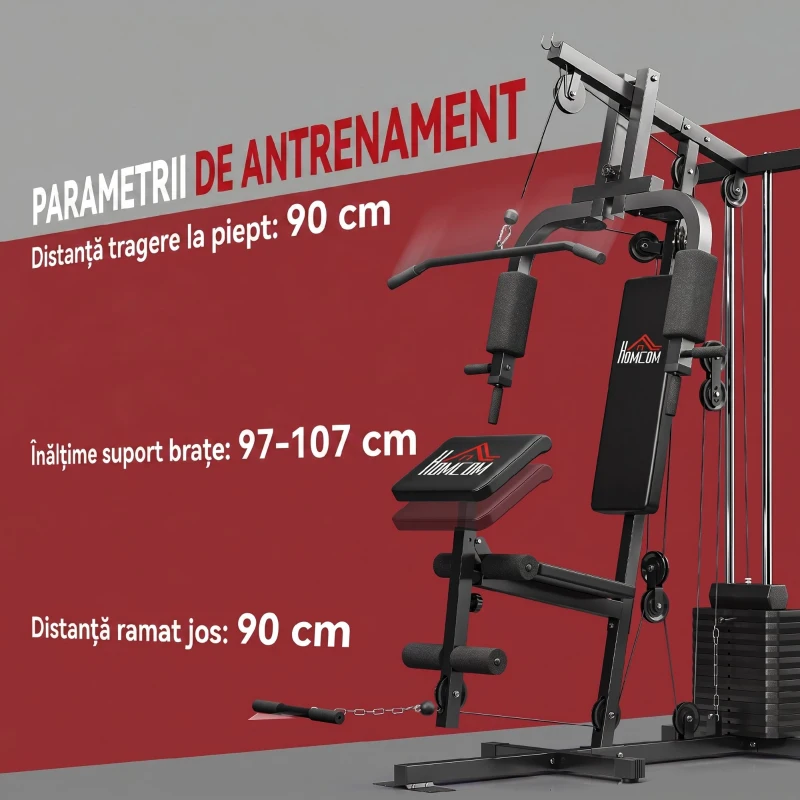 HOMCOM Stație de Fitness cu Șezut și Spătar Căptușite, din Oțel și PU, 135x103x210 cm, Negru