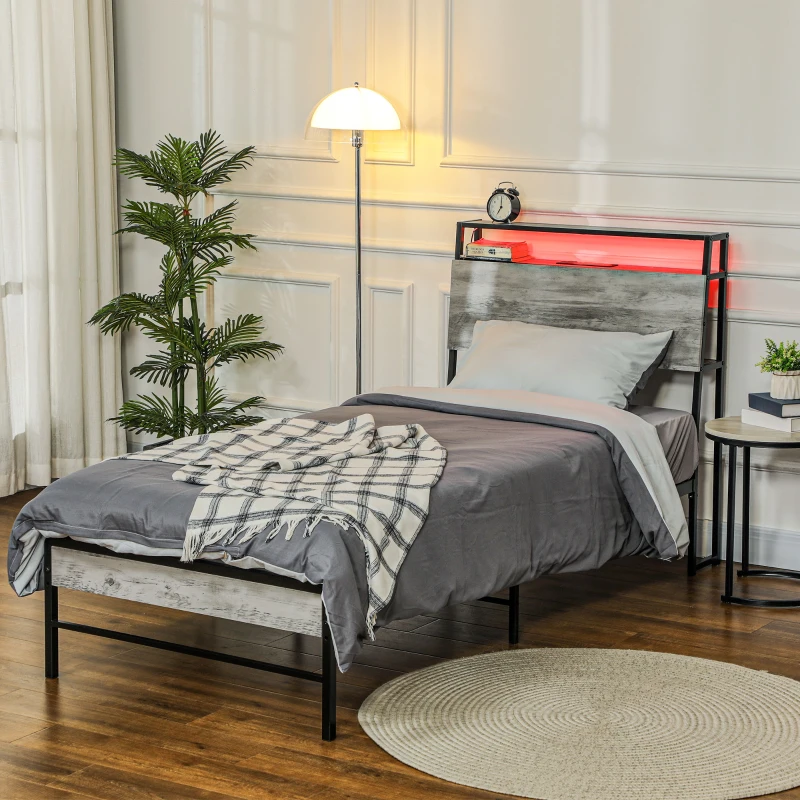 HOMCOM Single Steel Bed Frame, with LED Lights and Shelf - Grey