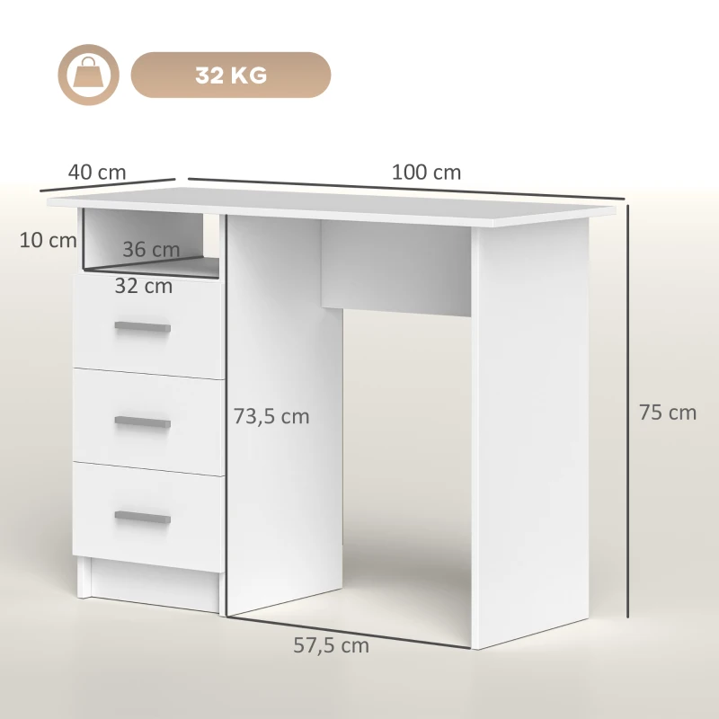 HOMCOM Scrivania Moderna in Legno con 3 Cassetti e Ripiano Aperto, 100x40x75 cm, Bianca e Marrone
