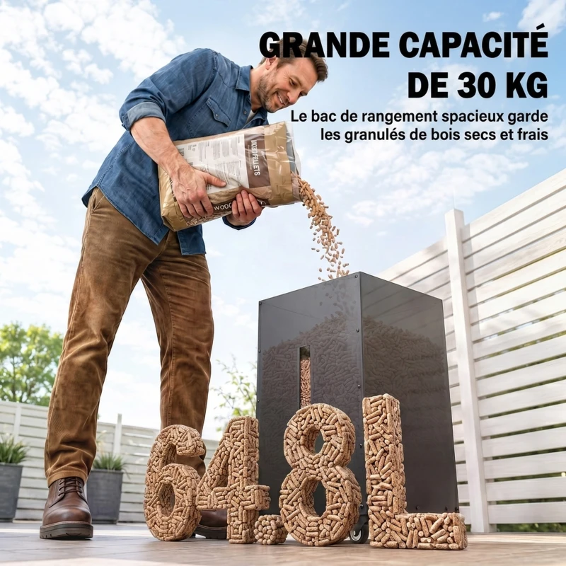 Outsunny Réservoir à Pellets Granulés en Acier 30 kg, Roulettes, Fenêtre de Niveau, Tamis avec Poignée, 36,5x36,5x61,5cm, Noir