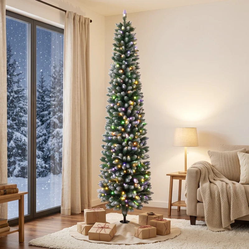 HOMCOM Árbol de Navidad Estrecho Nevado con 170 Luces LED Bicolor 180 cm 351 Ramas Ignífugo 11 Modos Mando a Distancia Verde
