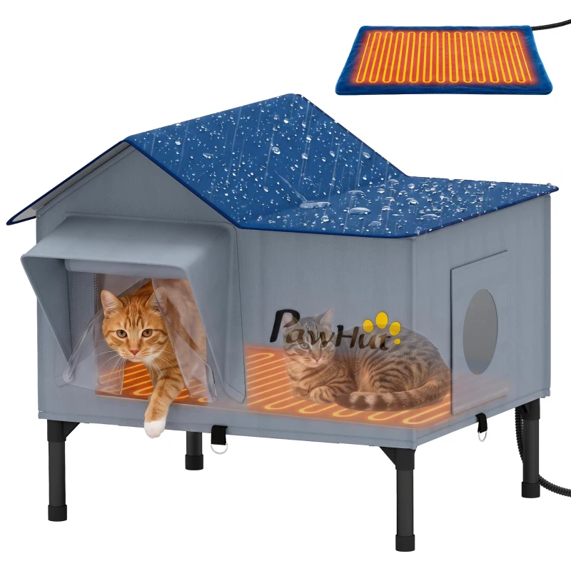 PawHut Heated Cat House Weatherproof w/ Heating Pad, Elevated Base, Escape Door, Cat Winter Shelter for Stray, Barn Cats