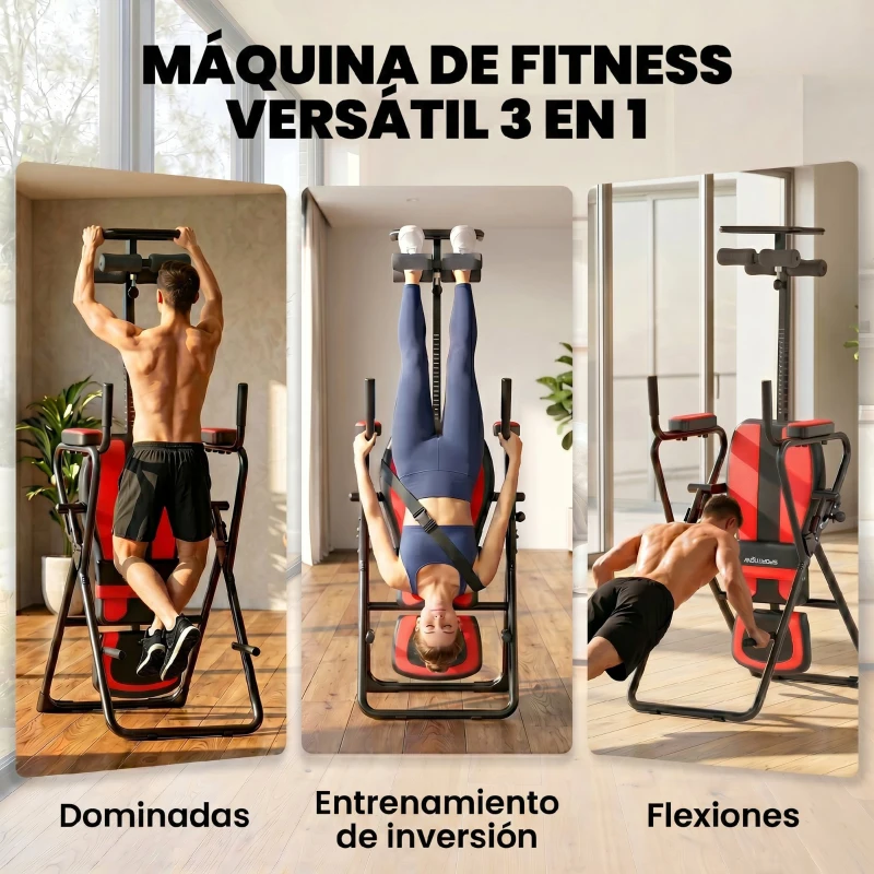 SPORTNOW Tabla de Inversión Plegable con Dominadas y Flexiones Altura Ajustable 155-198 cm Ángulos 20° 40° 60° Cinturón Rojo