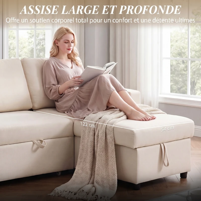 HOMCOM Canapé d'angle convertible modulable avec méridienne réversible, coffre de rangement et 3 coussins de dossier, crème(m-7)