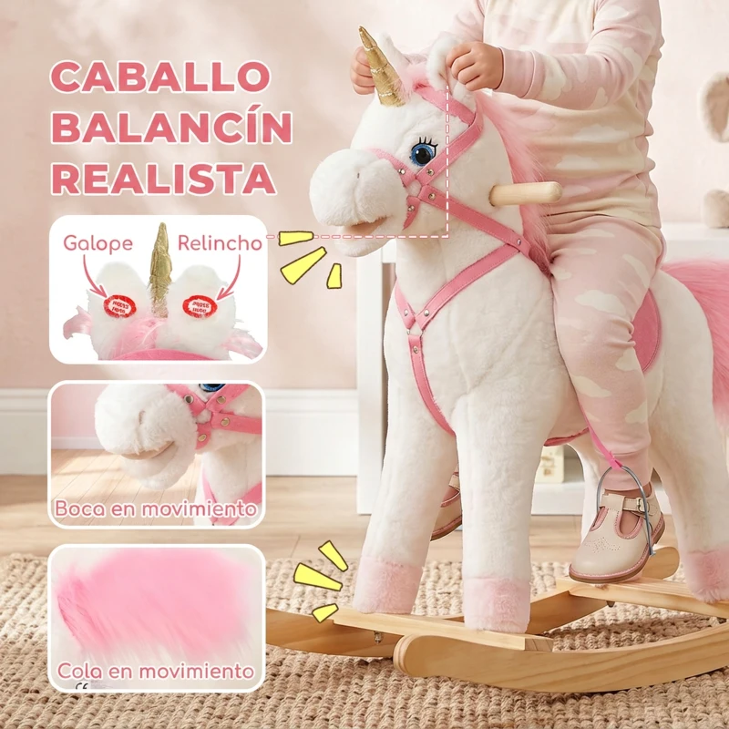 AIYAPLAY Caballito Balancín para Bebés Unicornio Sonidos de Cascos y Relinchos Boca y Cola Móviles 1-3 Años Blanco