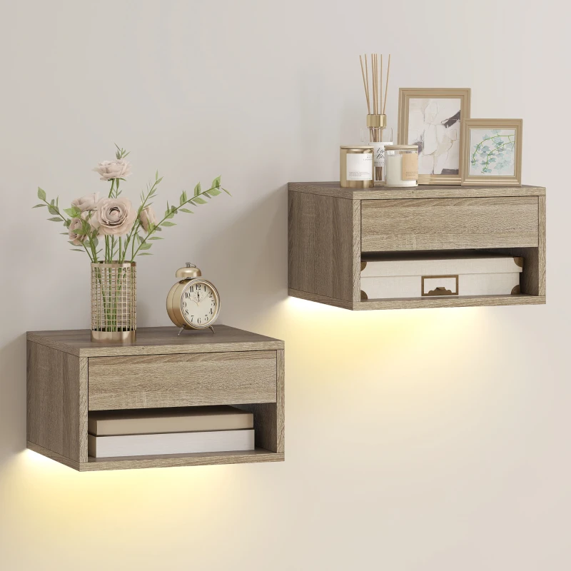 HOMCOM Set 2 Noptiere Suspendate cu LED Integrat și Reglabil prin Aplicație, Sertar și Raft, 37x32x21 cm, Nuanță de Lemn