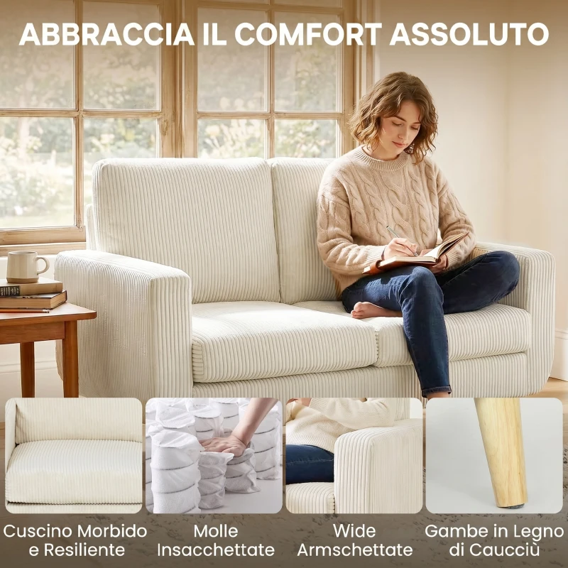 HOMCOM Sofá de 2 Plazas de Pana 134 cm con Patas de Madera Respaldo Grueso Sofá Moderno para Salón Dormitorio Crema