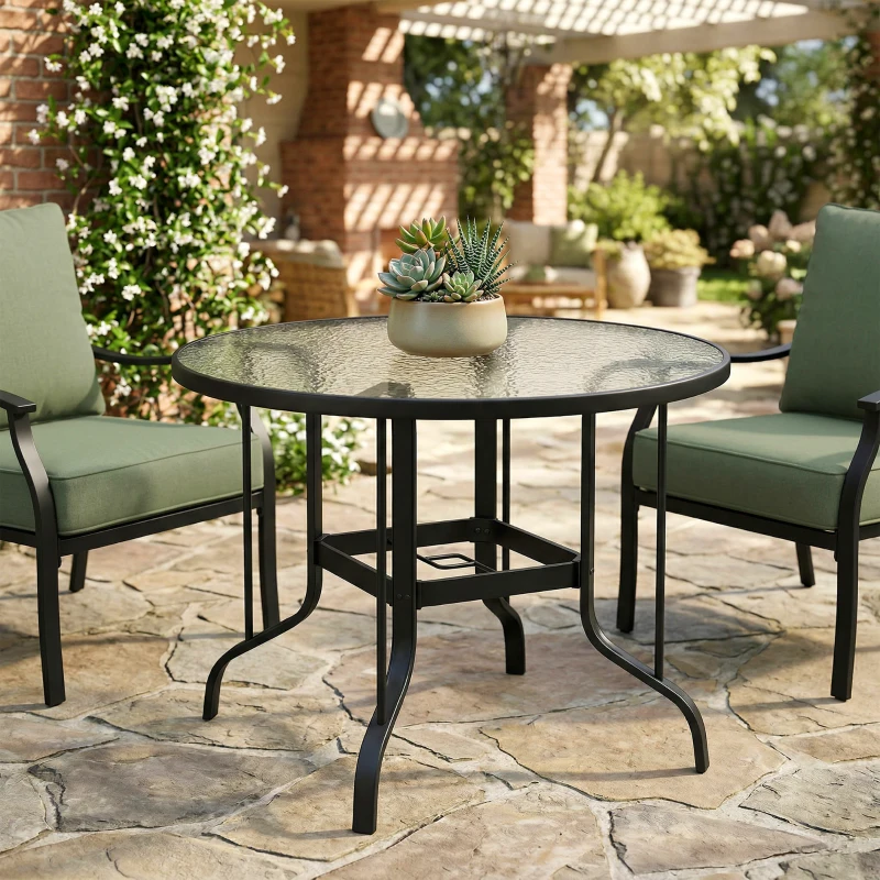 Outsunny Tempered Glass Top Round Outdoor Dining Table with Parasol Hole, 96.5 x 96.5 x 71 cm