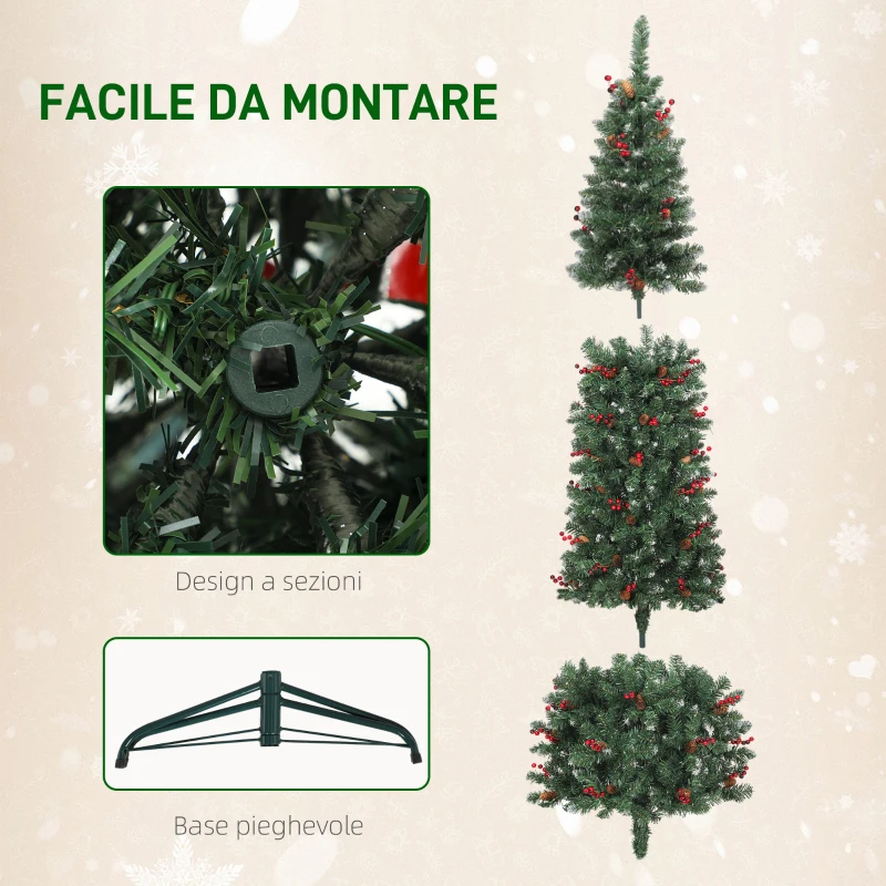 HOMCOM Albero di Natale Illuminato con 300 Luci LED, 55 Pigne e 55 Grappoli di Bacche, Ø75x210 cm, Verde e Argento