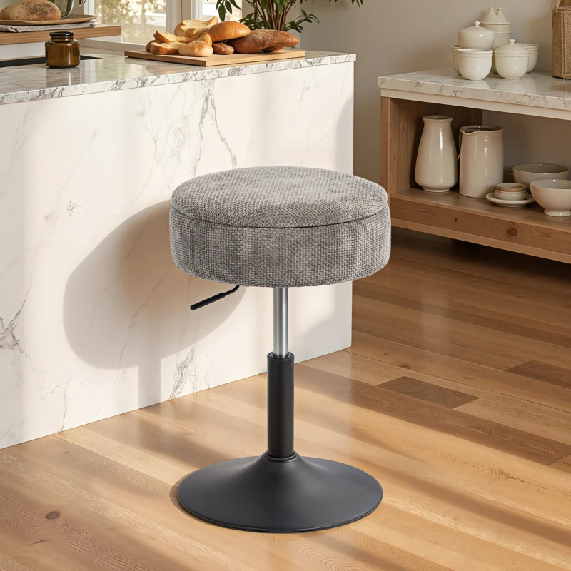 HOMCOM Taburete de Bar con Almacenaje Altura Ajustable Taburete de Cocina Redondo Giratorio Tapizado en Chenilla Gris