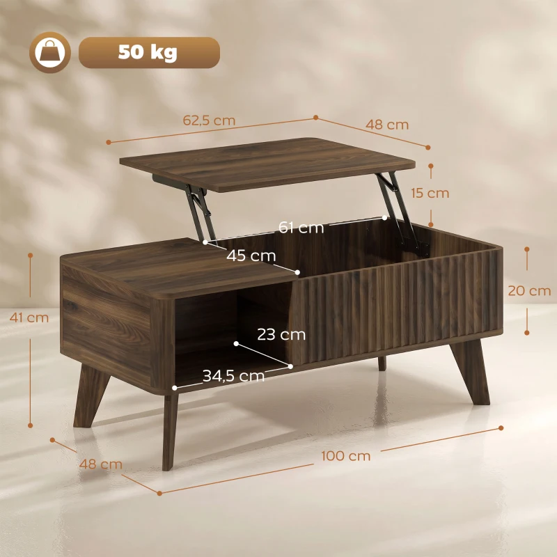 HOMCOM Mesa de Centro Elevable con Compartimento Oculto Estantes Abiertos Frontal Ondulado 100x48x41-56 cm Nogal