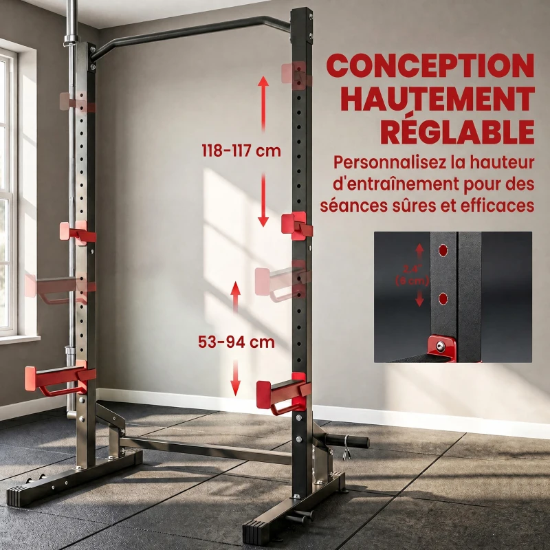SPORTNOW Power Tower Multifonction Charge 500 kg, Barre de Traction, Rack de Squat, Supports pour Disques, 157x105x205cm, Rouge