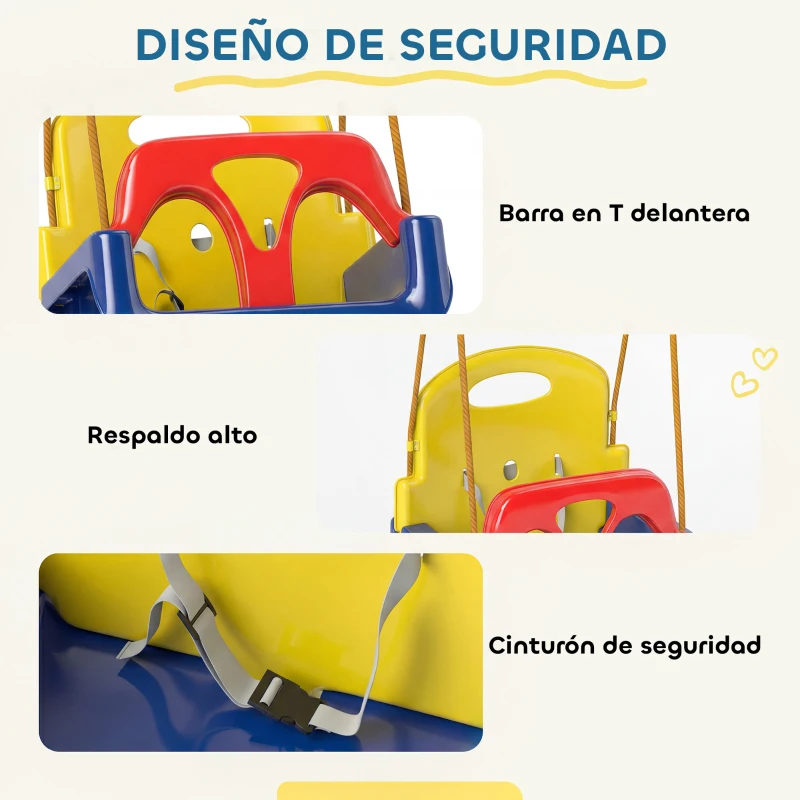 Outsunny Columpio Infantil 3 en 1 Cuerda Ajustable con Respaldo Desmontable Barra en T Cinturón de Seguridad Azul Oscuro