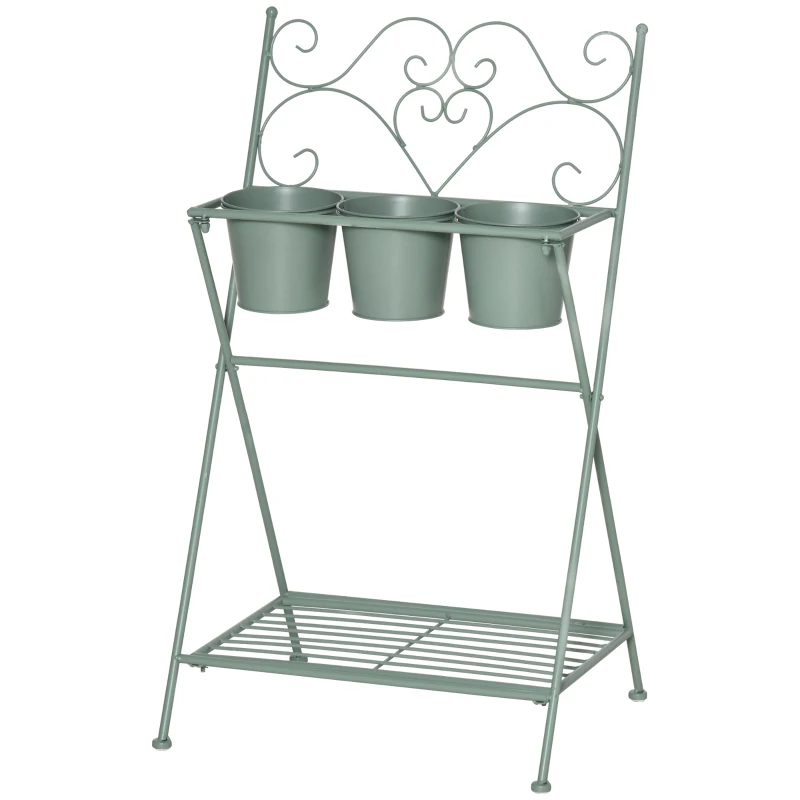 Outsunny Soporte de Metal para Plantas Plegable con 3 Macetas Incluidas y Estante Inferior Porta Macetero Decorativo de Flores para Interiores y Exteriores 47x37x78,5 cm Verde