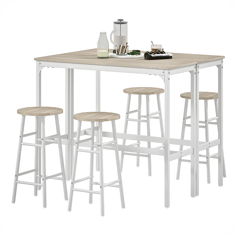 HOMCOM Conjunto de 2 Mesas Altas de Bar con 4 Taburetes Marco de Acero Estilo Industrial Natural y Blanco