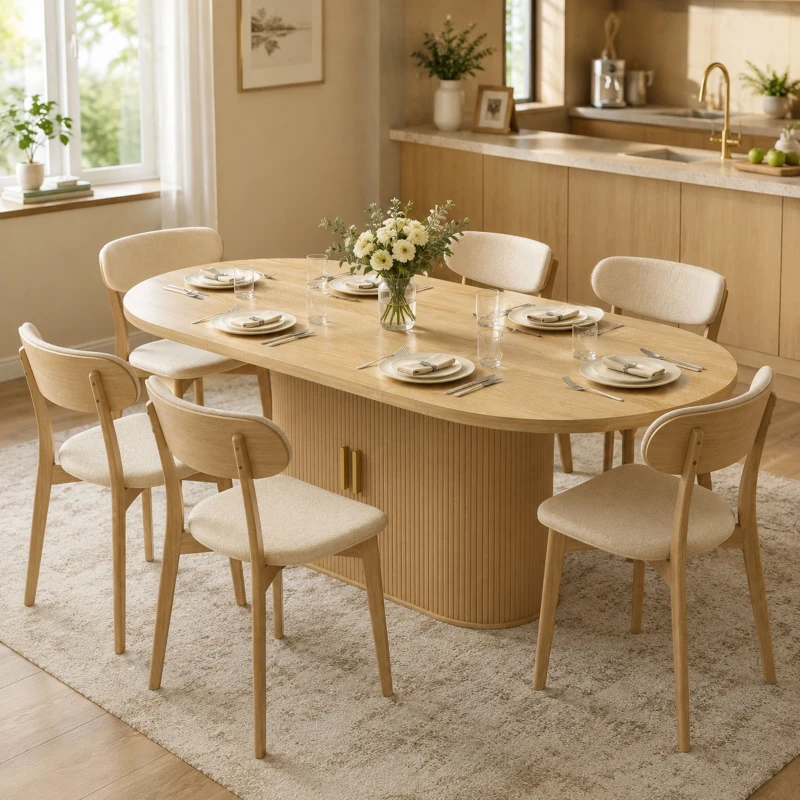 HOMCOM Table à Manger Ovale pour 6 personnes, Portes Coulissantes, 6 Compartiments, Style Farmhouse Moderne, 180x80x75cm, Chêne