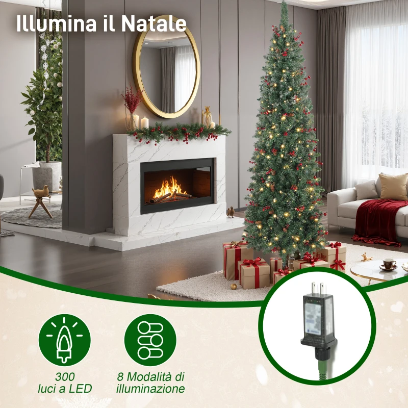 HOMCOM Albero di Natale Illuminato con 300 Luci LED, 55 Pigne e 55 Grappoli di Bacche, Ø75x210 cm, Verde e Argento