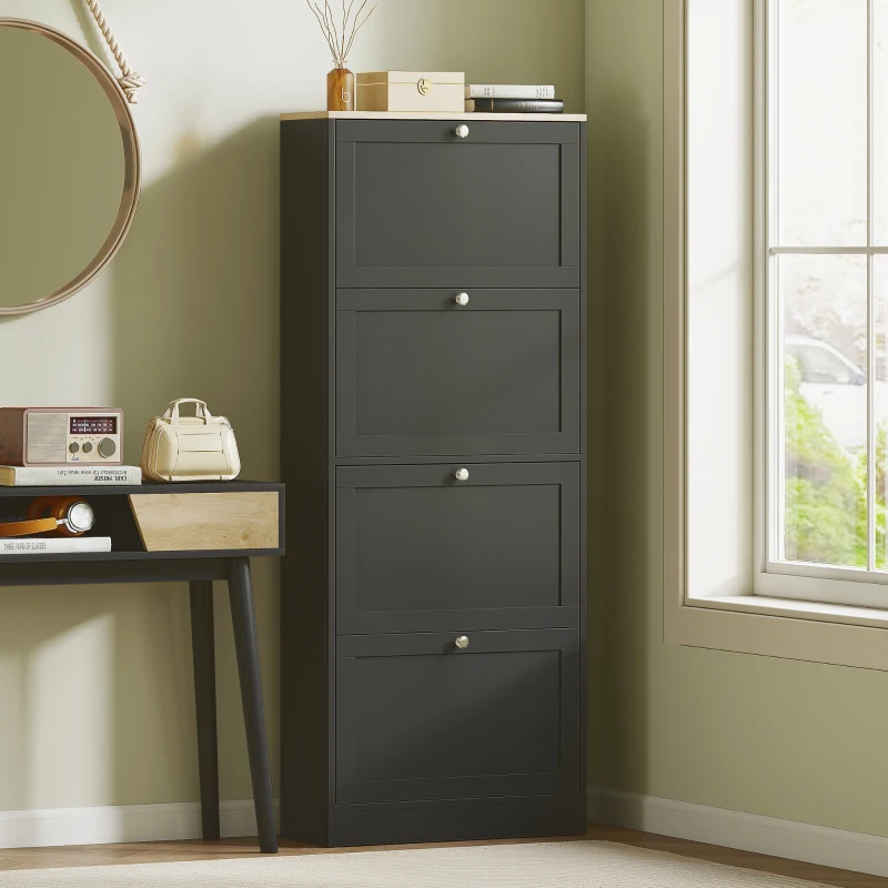 HOMCOM Meuble à chaussures 24 paires, armoire à chaussures avec 4 tiroirs rabattables, étagères réglables, 60x23,5x153cm, noir