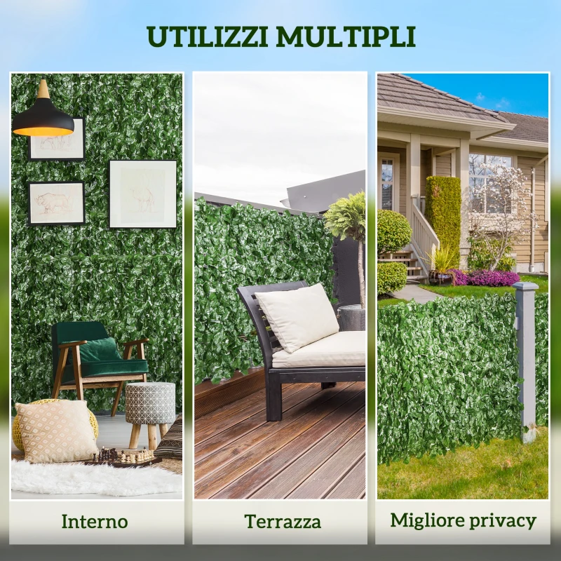 Outsunny Rotolo di Siepe Finta per Balcone e Giardino in PE con Foglie di Edera, 300x100 cm, Verde Scuro