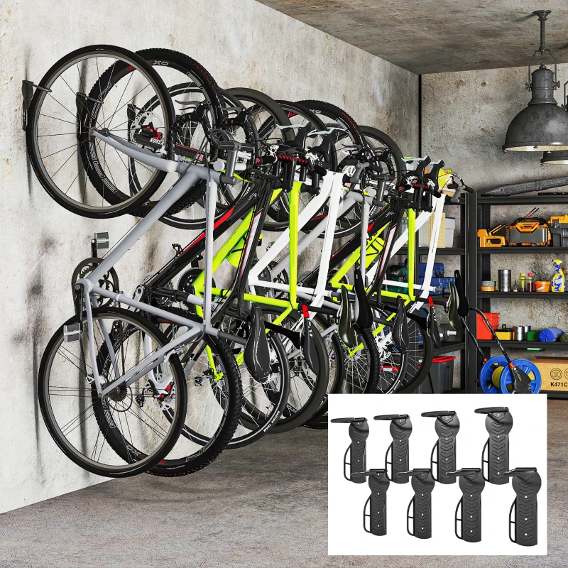 SPORTNOW 8 Pack Bike Rack, Wall Mounted Bicycle Hanger Hook, Foldable Garage Bike Wall Rack, Bicycle Storage Holder for Indoor Outdoor Use