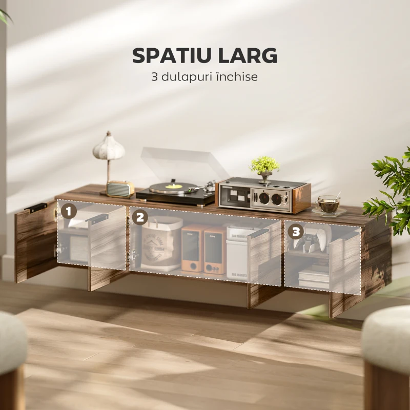 HOMCOM Mobilier Suport TV Suspendat până la 65" cu 3 Dulapuri în Stil Industrial, Maro Rustic