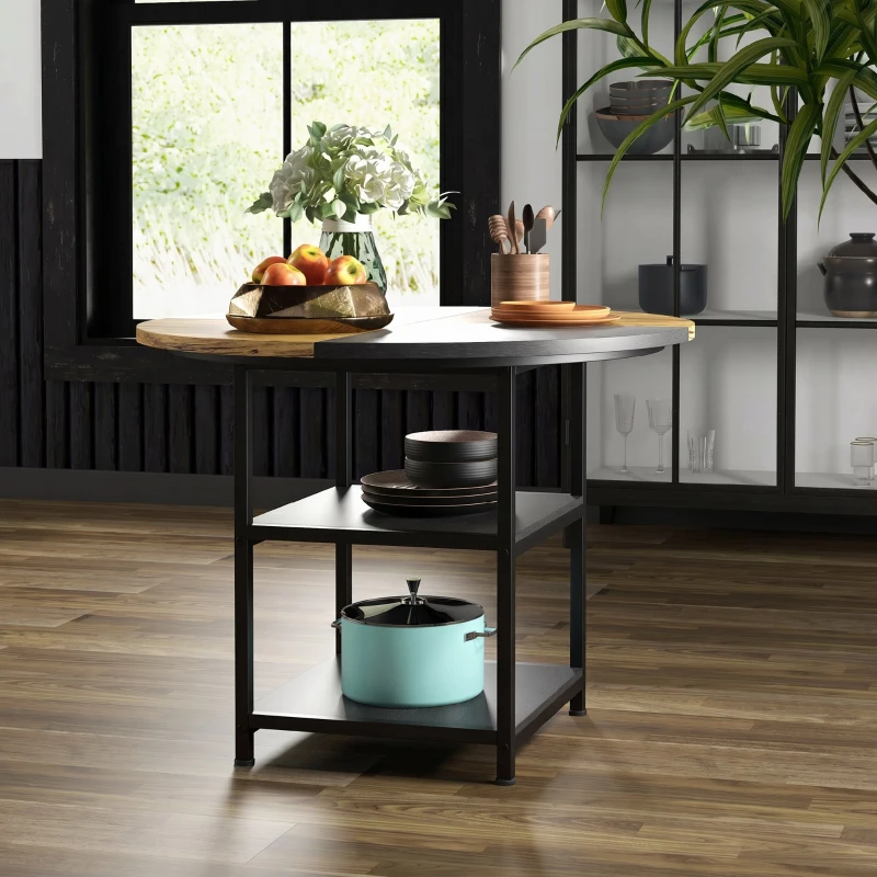 HOMCOM Masă de Dining pentru 4-6 Persoane cu 2 Rafturi Integrate, din Oțel și MDF, Ø100x76 cm, Negru și Maro