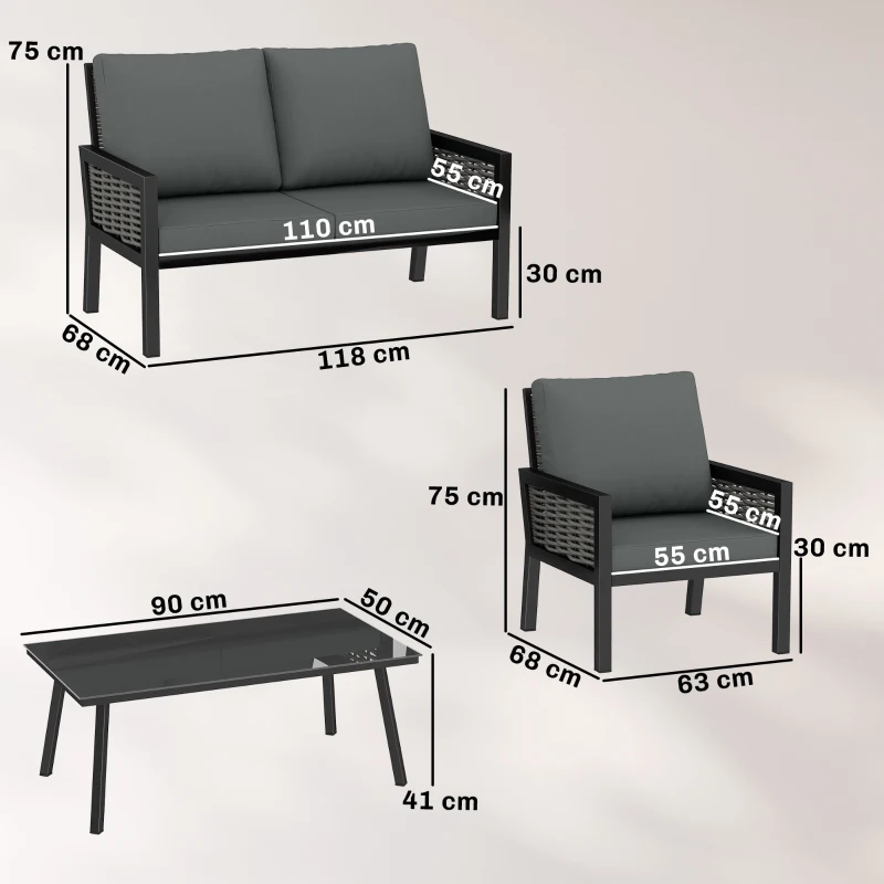 Outsunny 4 Seater Rattan Garden Furniture Set with 2 Armchairs, Loveseat, Coffee Table, Garden Sofa Set with Cushions, Dark Grey