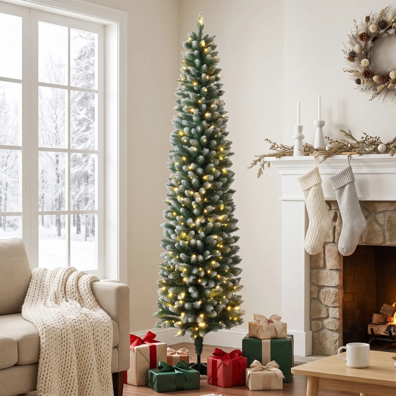 HOMCOM Árbol de Navidad Estrecho Nevado con 170 Luces LED Bicolor 180 cm 351 Ramas Ignífugo 11 Modos Mando a Distancia Verde