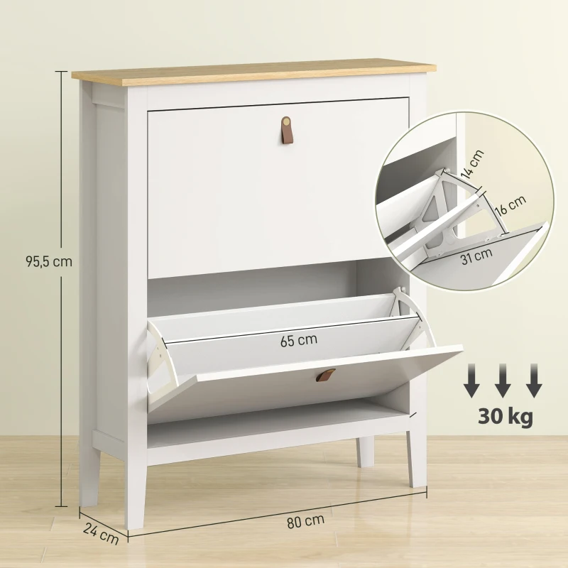 HOMCOM Zapatero Estrecho con 2 Compartimentos y Tiradores de Cuero PU para Pasillos y Recibidores 80x24x95,5 cm Blanco y Madera
