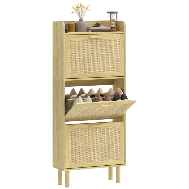 HOMCOM Mueble Zapatero con 3 Cajones Abatibles y Estante Abierto para12-18 Pares de Zapatos 65x24,5x153 cm Roble