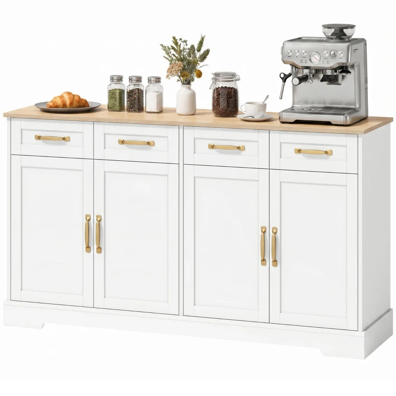 HOMCOM Sideboard Buffet Cabinet, 140 cm Kitchen Storage Cabinet with 4 Drawers, 4 Doors and 2 Adjustable Shelves, White