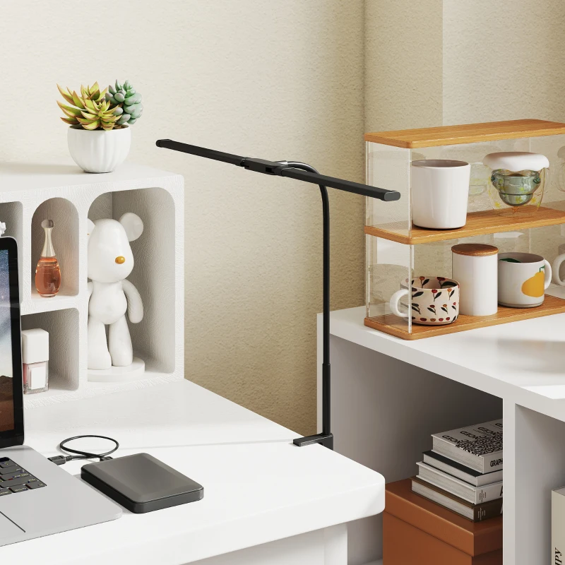 HOMCOM LED Desk Lamp with Clamp, Double Head Table Lamp with 3 Colour Modes & 10 Brightness Levels, Flexible Gooseneck Reading Desk Light with Timer and Memory Function for Study, Office, Work, Black