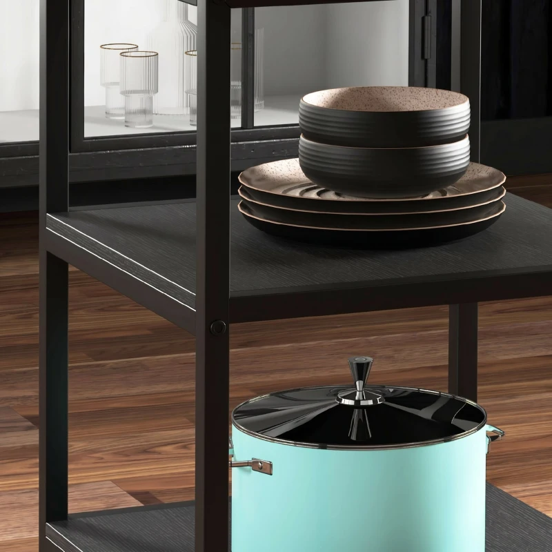 HOMCOM Masă de Dining pentru 4-6 Persoane cu 2 Rafturi Integrate, din Oțel și MDF, Ø100x76 cm, Negru și Maro